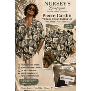 Pierre Cardin Vintage Rayon Button Up Shirt XL Tropical Leaf Resort Dad Y2K